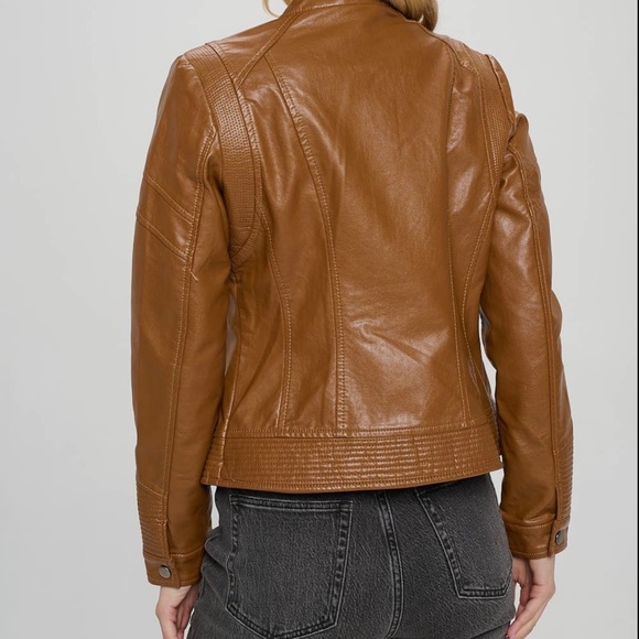 112-Vegan Leather Band Collar Jacket - Picture 2 of 4